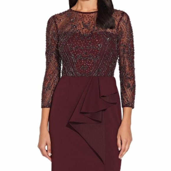 ADRIANNA PAPELL Burgundy Long Sleeve Sequin Maxi Sheath Evening Dress (NWT) - Picture 4 of 10